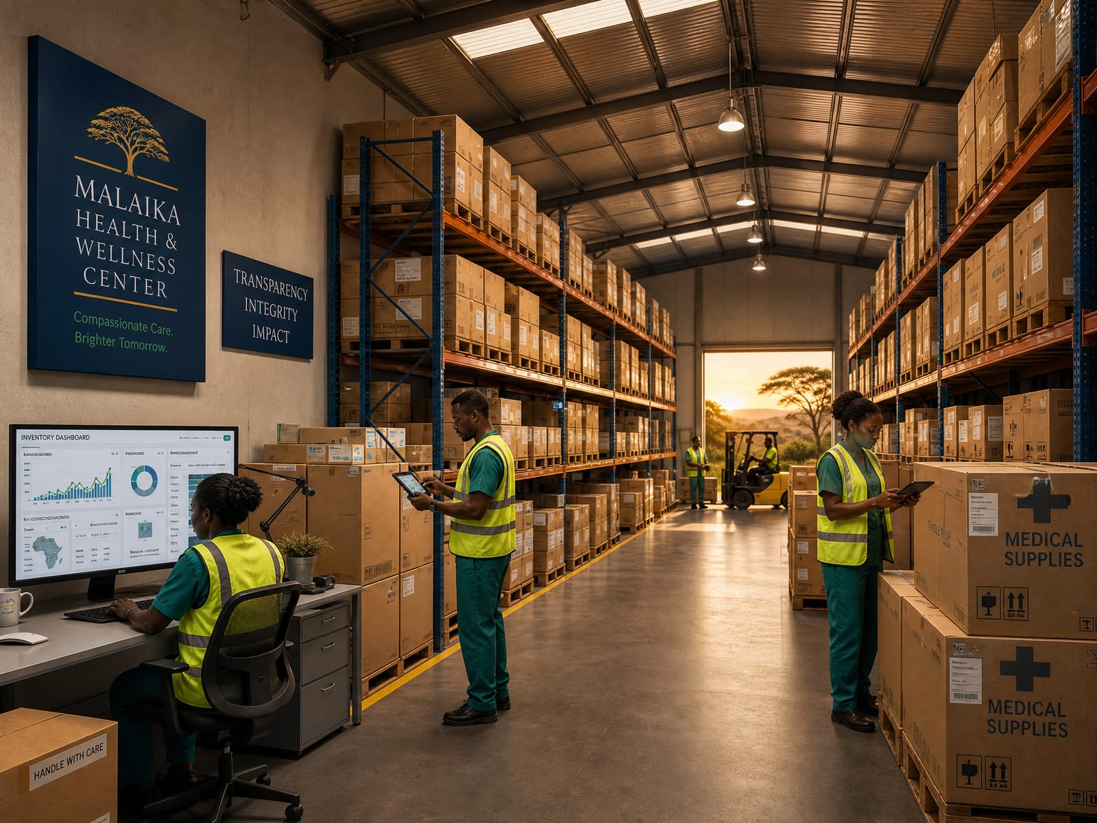 Conceptual rendering of an organized medical supply logistics center.