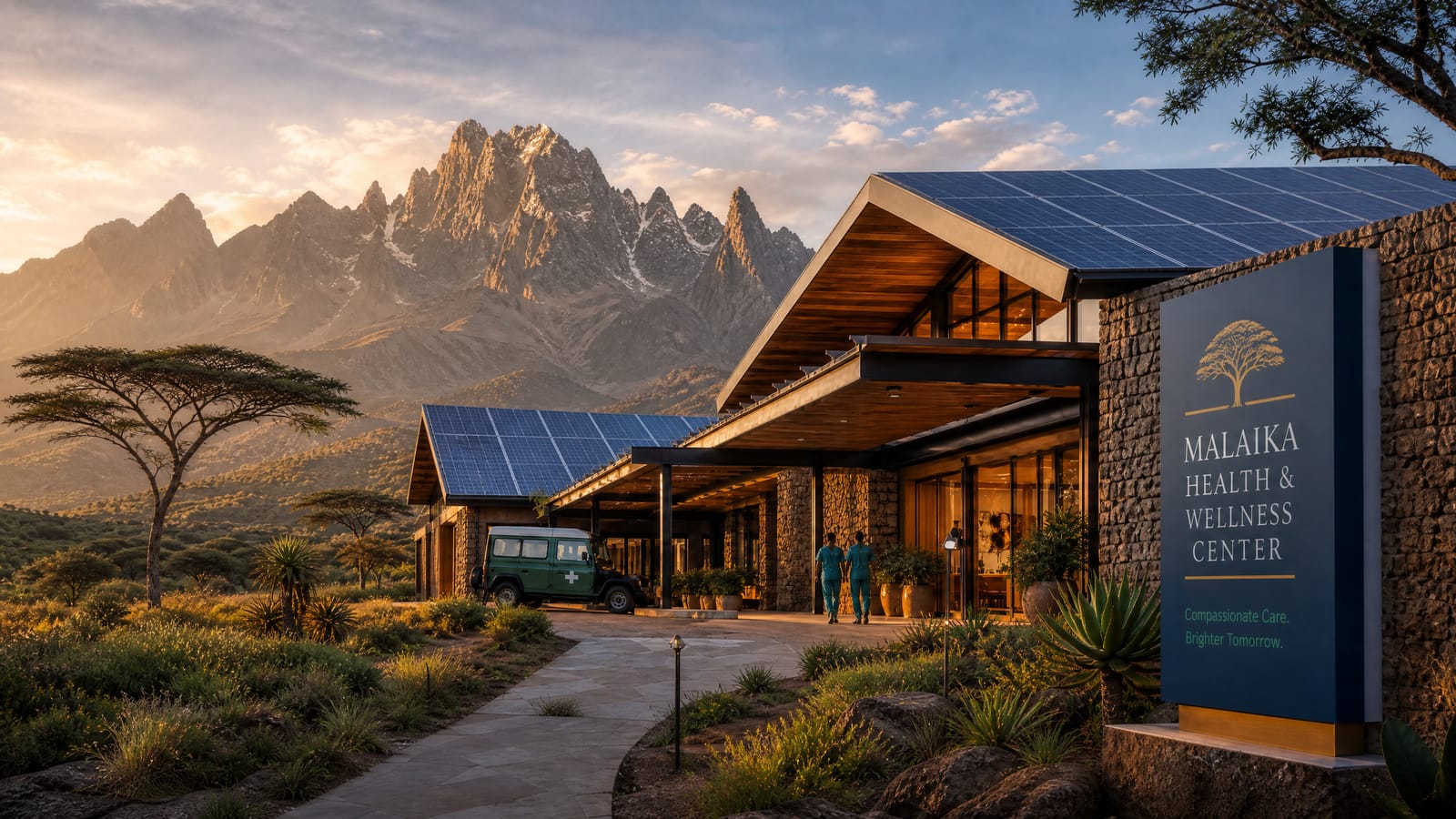 Conceptual rendering of a modern clinic harmonized with a Kenya mountain backdrop.