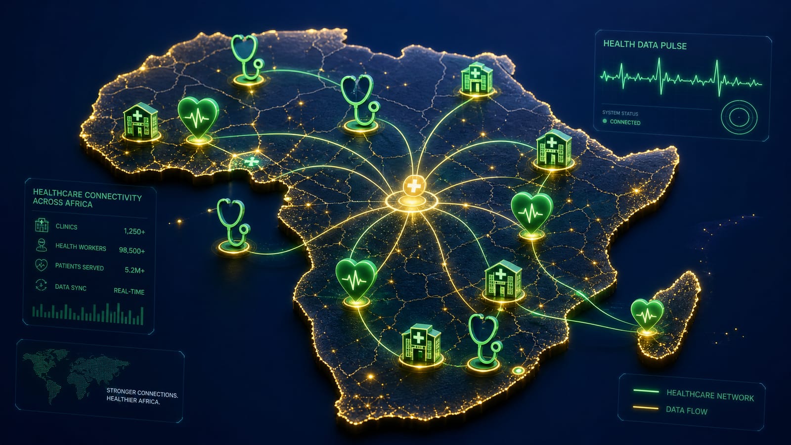 Conceptual 3D illustration of a healthcare network across Africa.